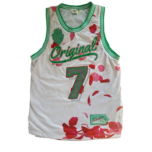 Original Fables Tops - Original Fables White and Green Original Sin Jersey with Red Petals Size Small